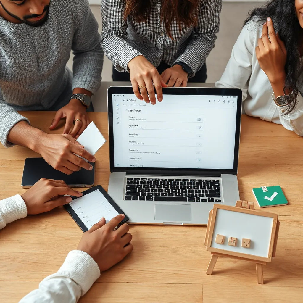 Diverse team reviewing an inclusive interface on devices in a modern office