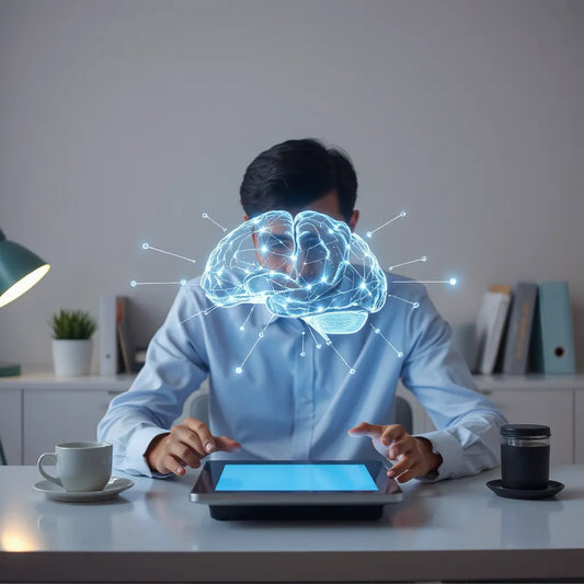 Person in a quiet workspace viewing a glowing brain and circuit interface reflecting human and AI connection