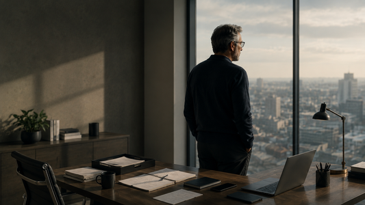 Professional standing at a desk beside a computer in a quiet office, reflecting on everyday workplace decisions. Behavioural Drift often begins in ordinary moments, long before anyone calls it a problem.